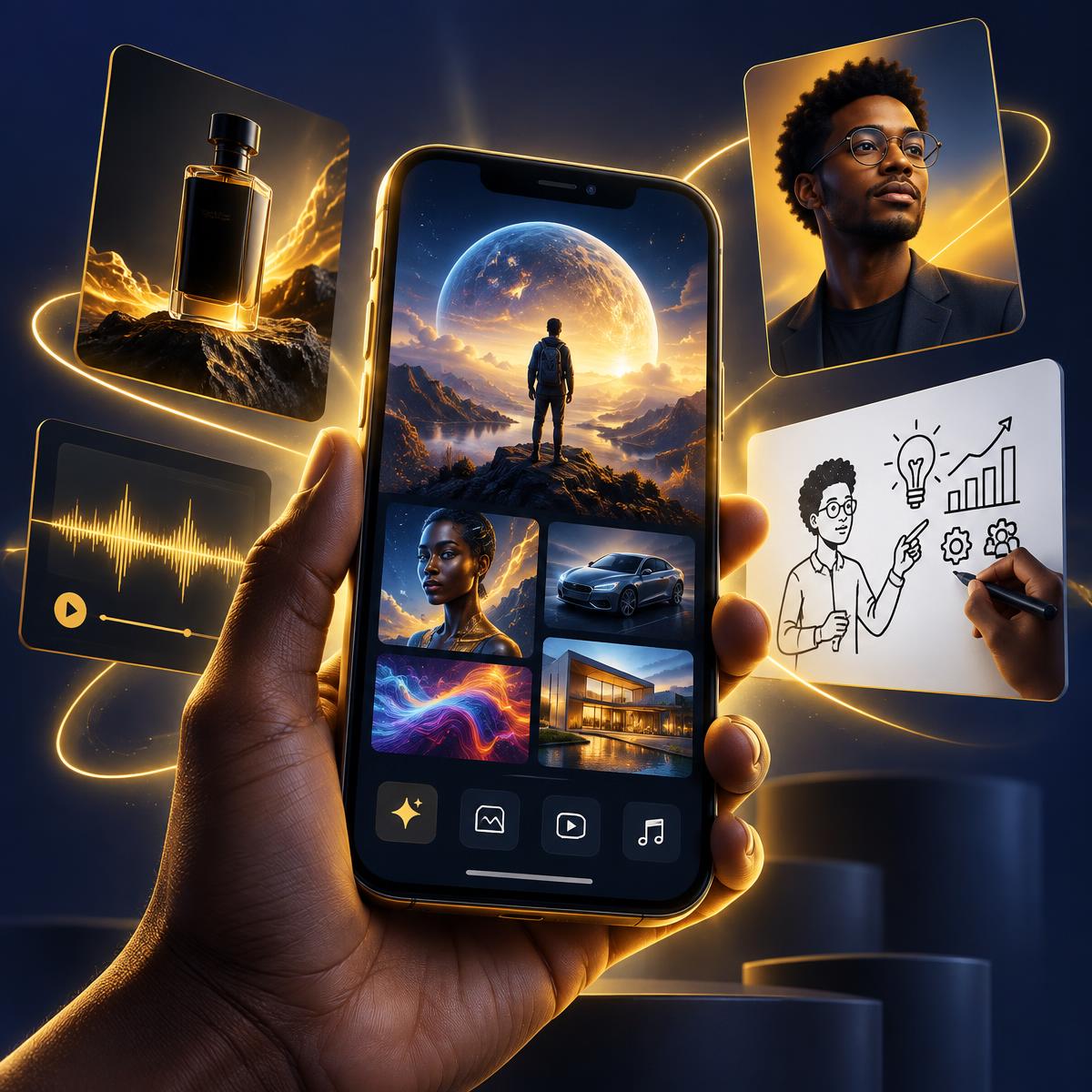 Créations réalisées avec l'IA générative : visuels, avatar, whiteboard et musique sur téléphone